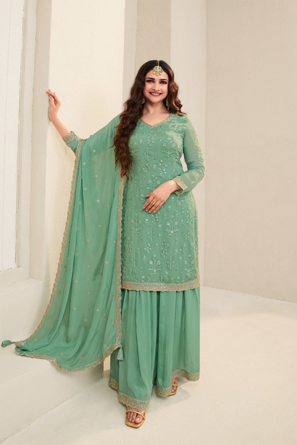 Mint Green Color Embroidered Organza Unstitched Suit Fabric