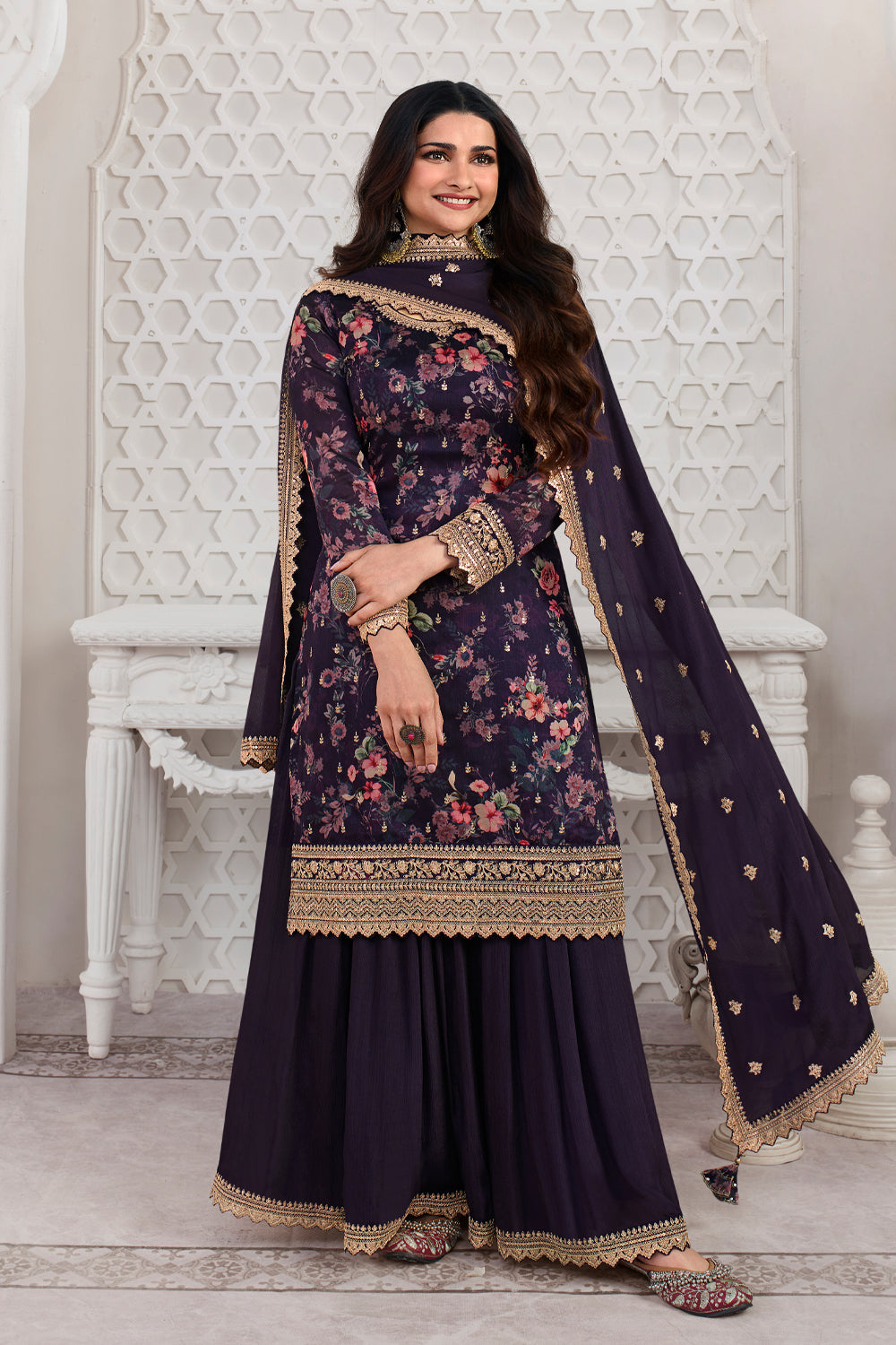 Purple Color Printed Organza Unstitched Suit Material With Stitched Sharara