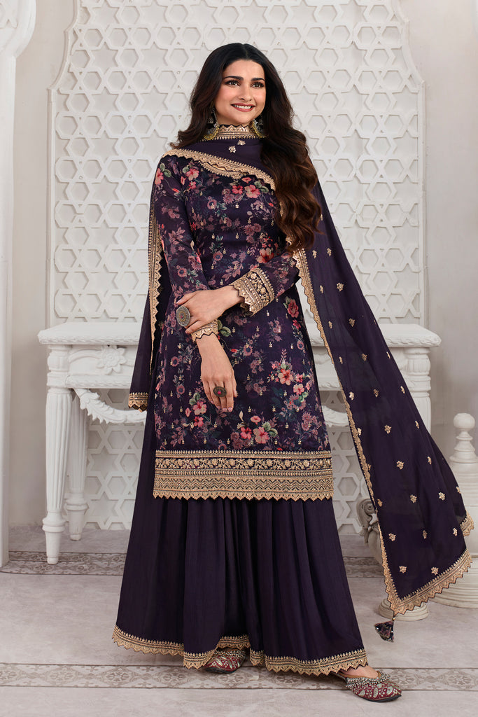 Purple Color Printed Organza Unstitched Suit Material With Stitched Sharara