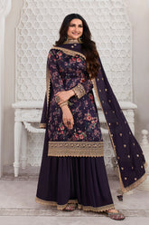 Purple Color Printed Organza Unstitched Suit Material With Stitched Sharara