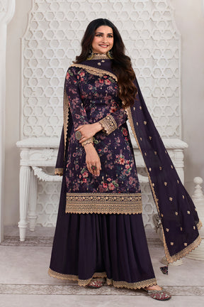 Purple Color Printed Organza Unstitched Suit Material With Stitched Sharara