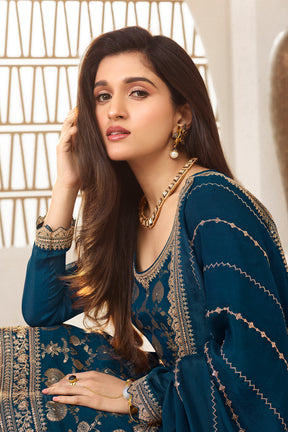 Blue Color Woven Crepe Unstitched Suit Material With Stitched Sharara