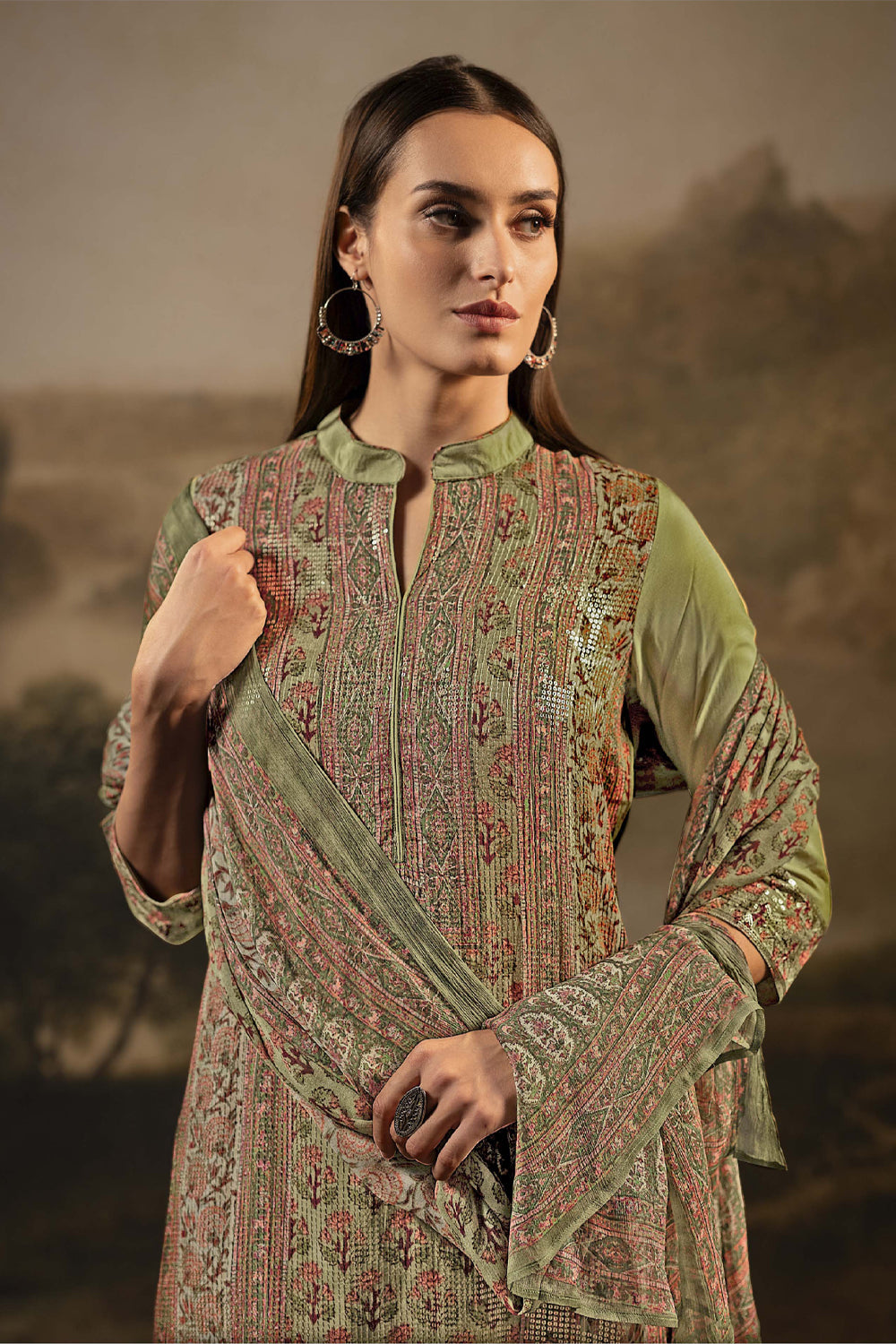 Sage Green Color Silk Embroidered Unstitched Suit Fabric