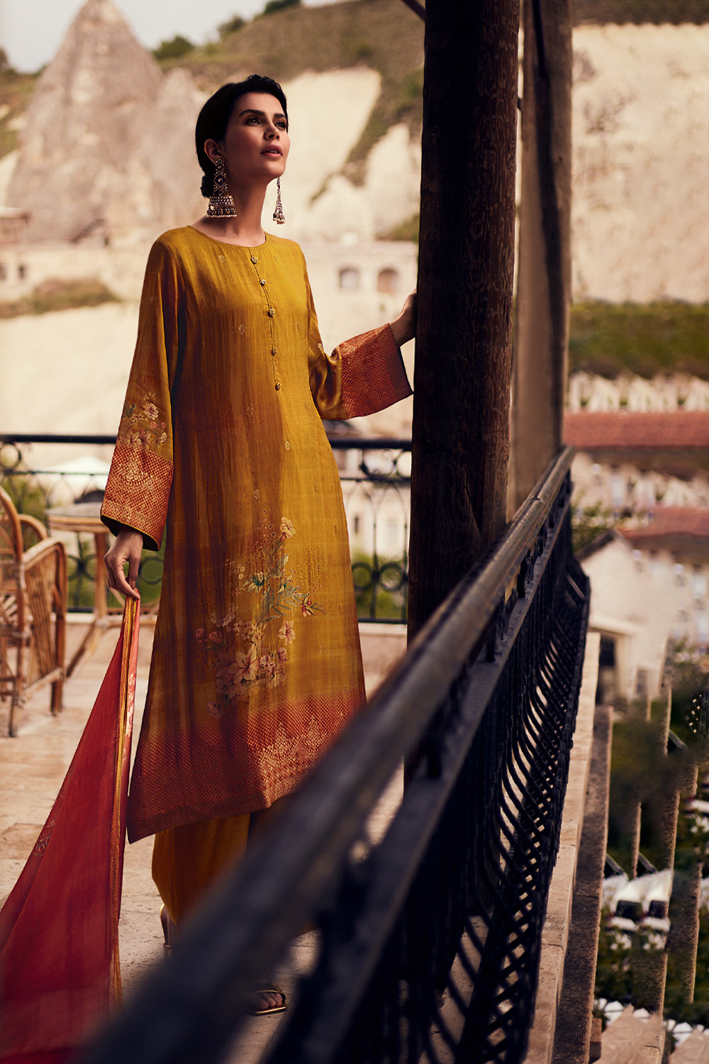 Mustard Color woven Organza Unstitched Suit Material