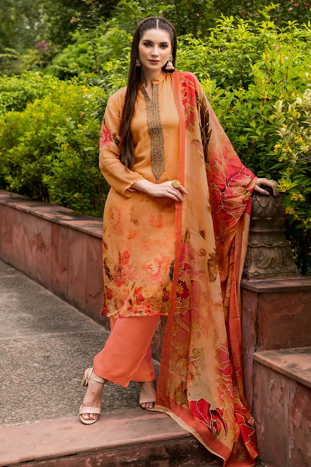 Coral Color Georgette Printed Unstitched Suit Material