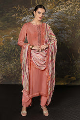 Peach Color Neck Embroidered Organza Unstitched Suit Material