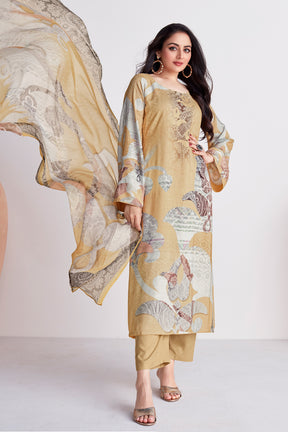 Beige Colour Cotton Printed Unstitched Suit Fabric