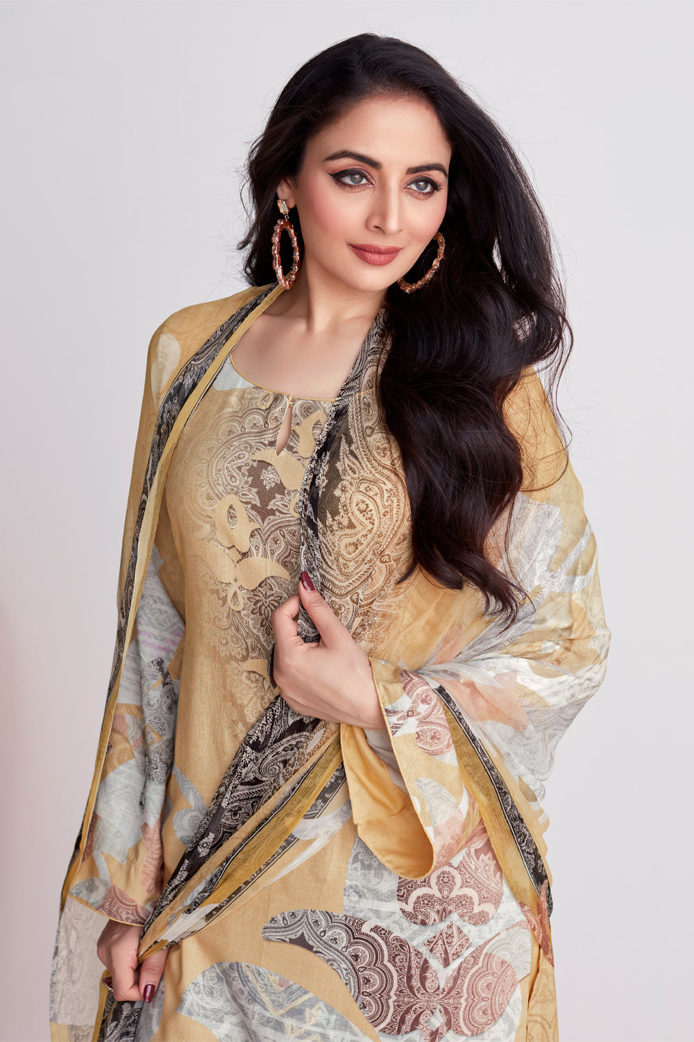 Beige Colour Cotton Printed Unstitched Suit Fabric
