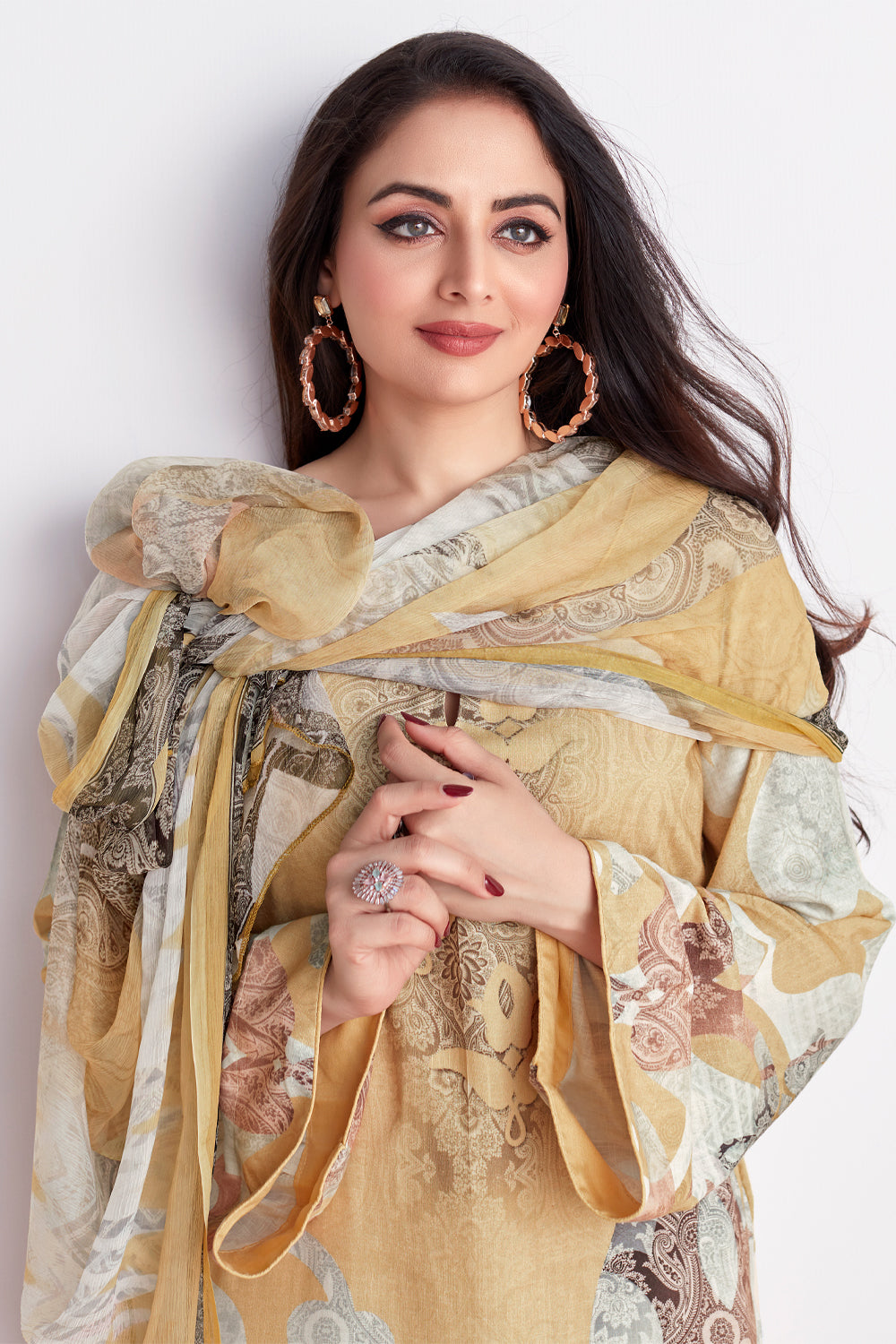 Beige Colour Cotton Printed Unstitched Suit Fabric