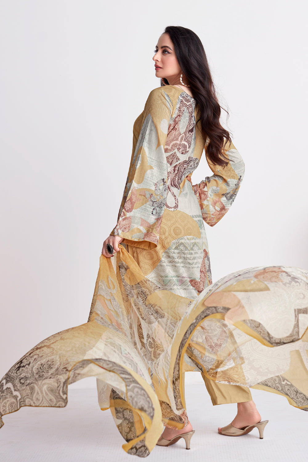 Beige Colour Cotton Printed Unstitched Suit Fabric