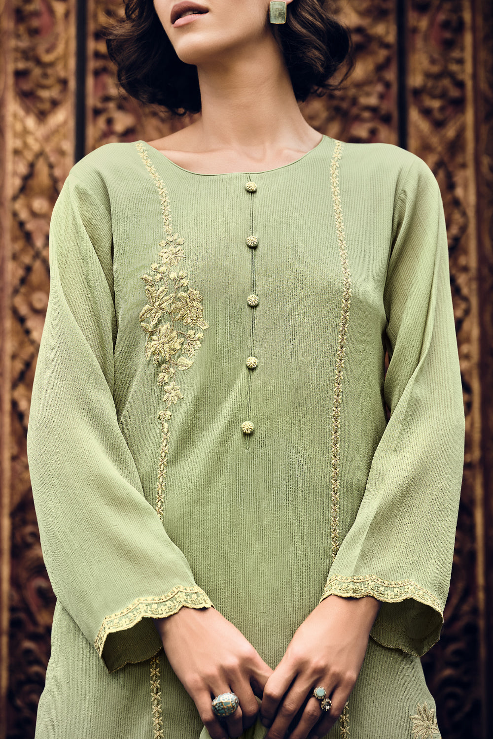 Pista Green Color Embroidered Georgette Unstitched Suit Material