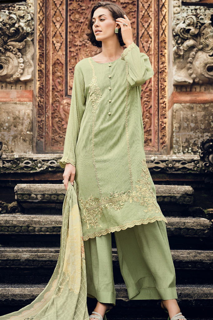 Pista Green Color Embroidered Georgette Unstitched Suit Material
