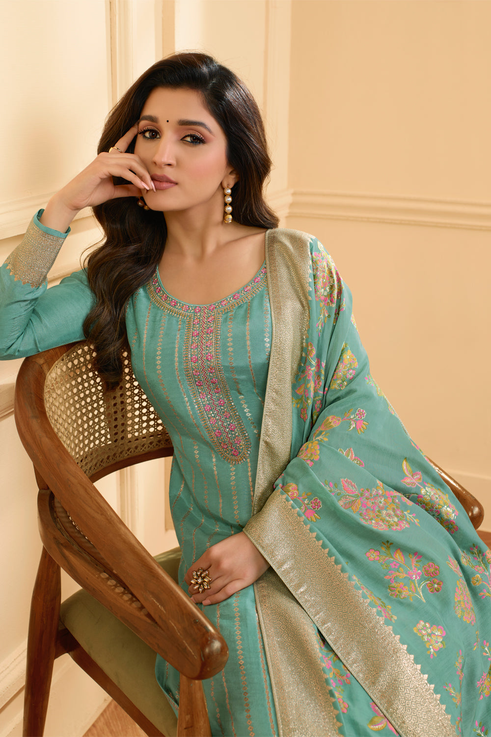 Mint Green Color Woven Silk Unstitched Suit Material