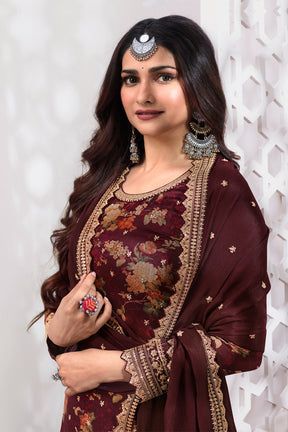 Maroon Color Printed Organza Unstitched Suit Material With Stitched Sharara