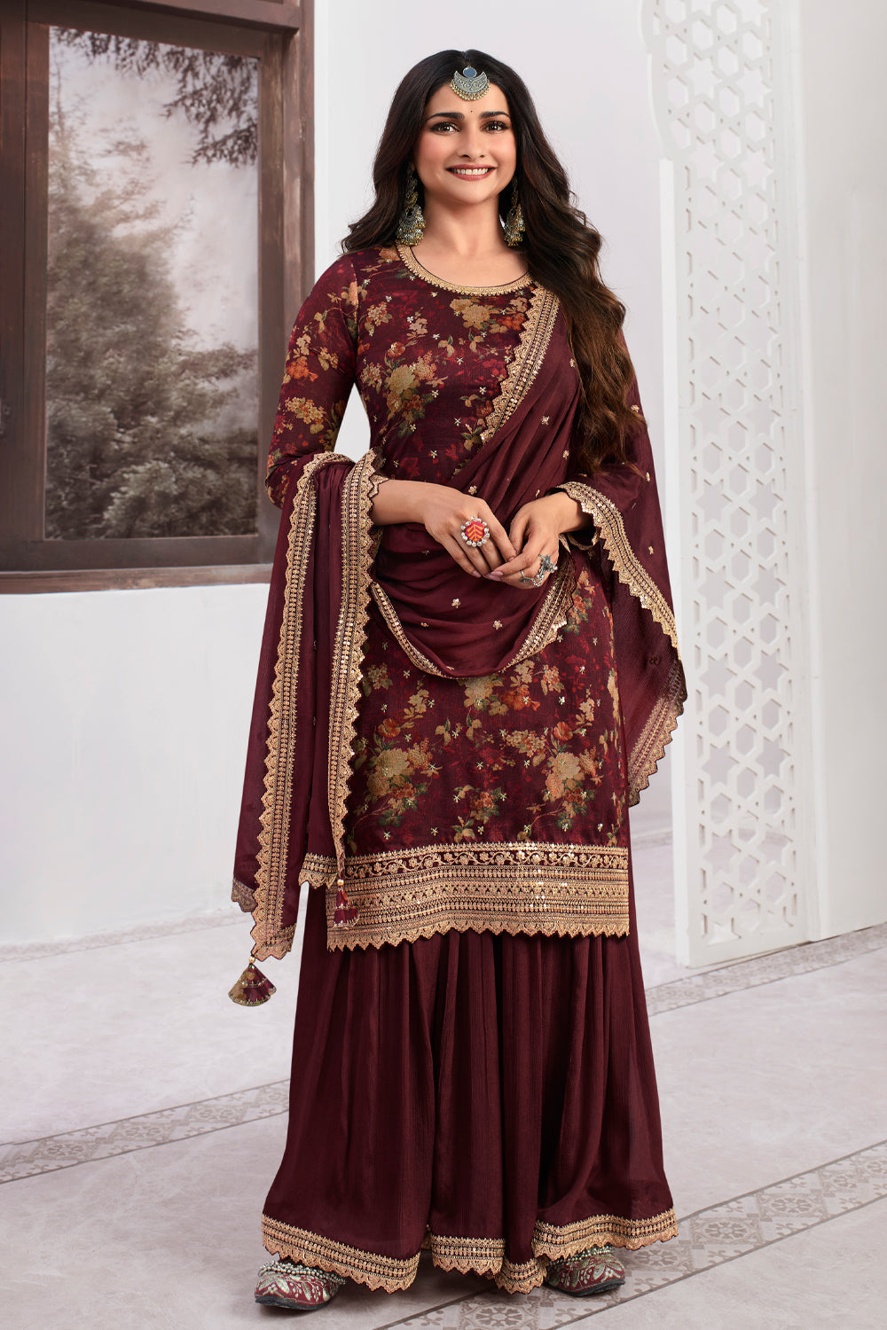 Maroon Color Printed Organza Unstitched Suit Material With Stitched Sharara