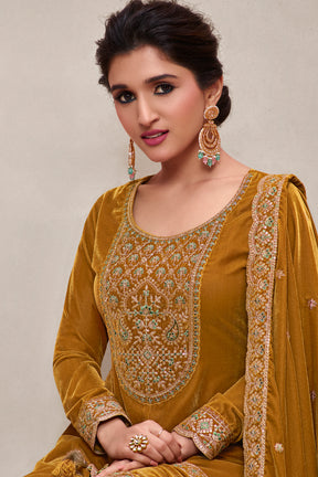 Mustard Colour Velvet Embroidered Unstitched Suit Material