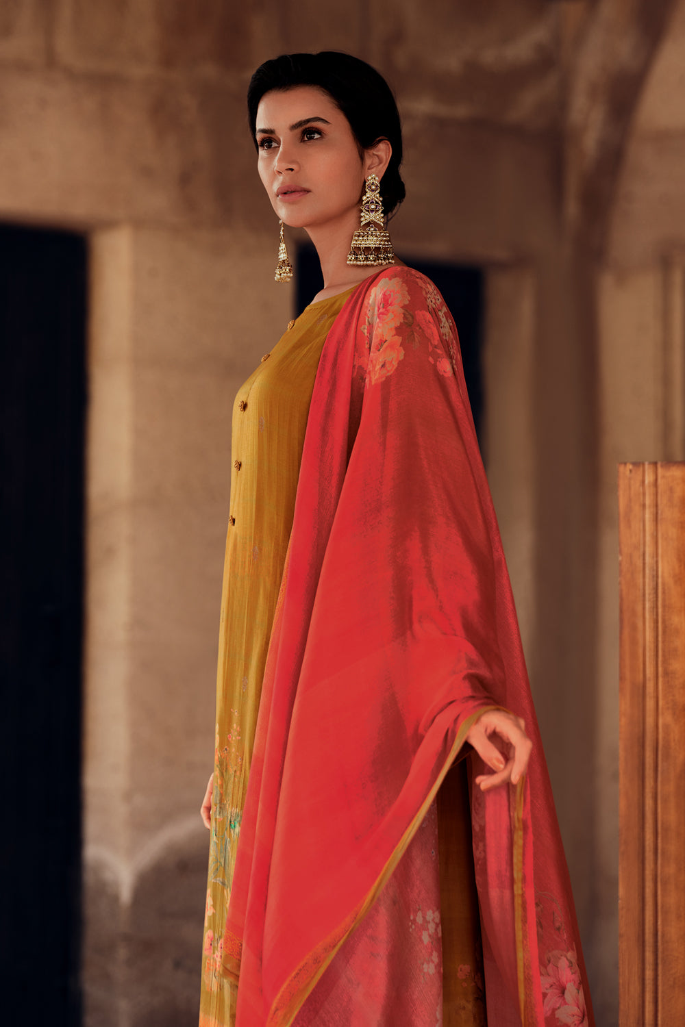 Mustard Color woven Organza Unstitched Suit Material