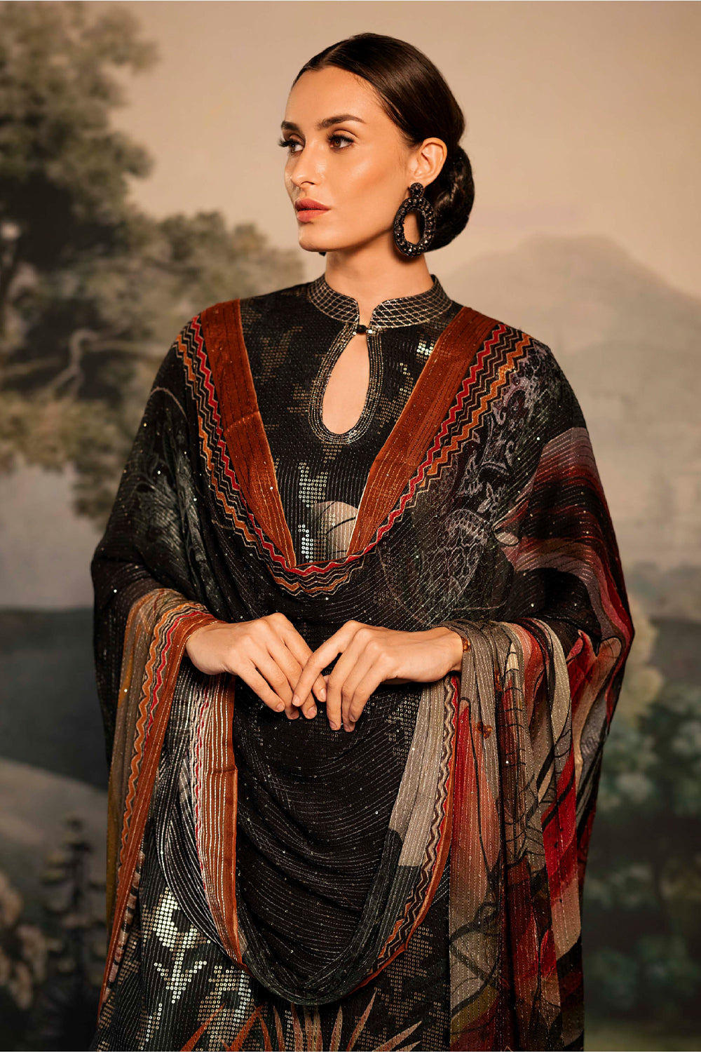 Black & Mustard Color Crepe Sequins Embroidered Unstitched Suit Material