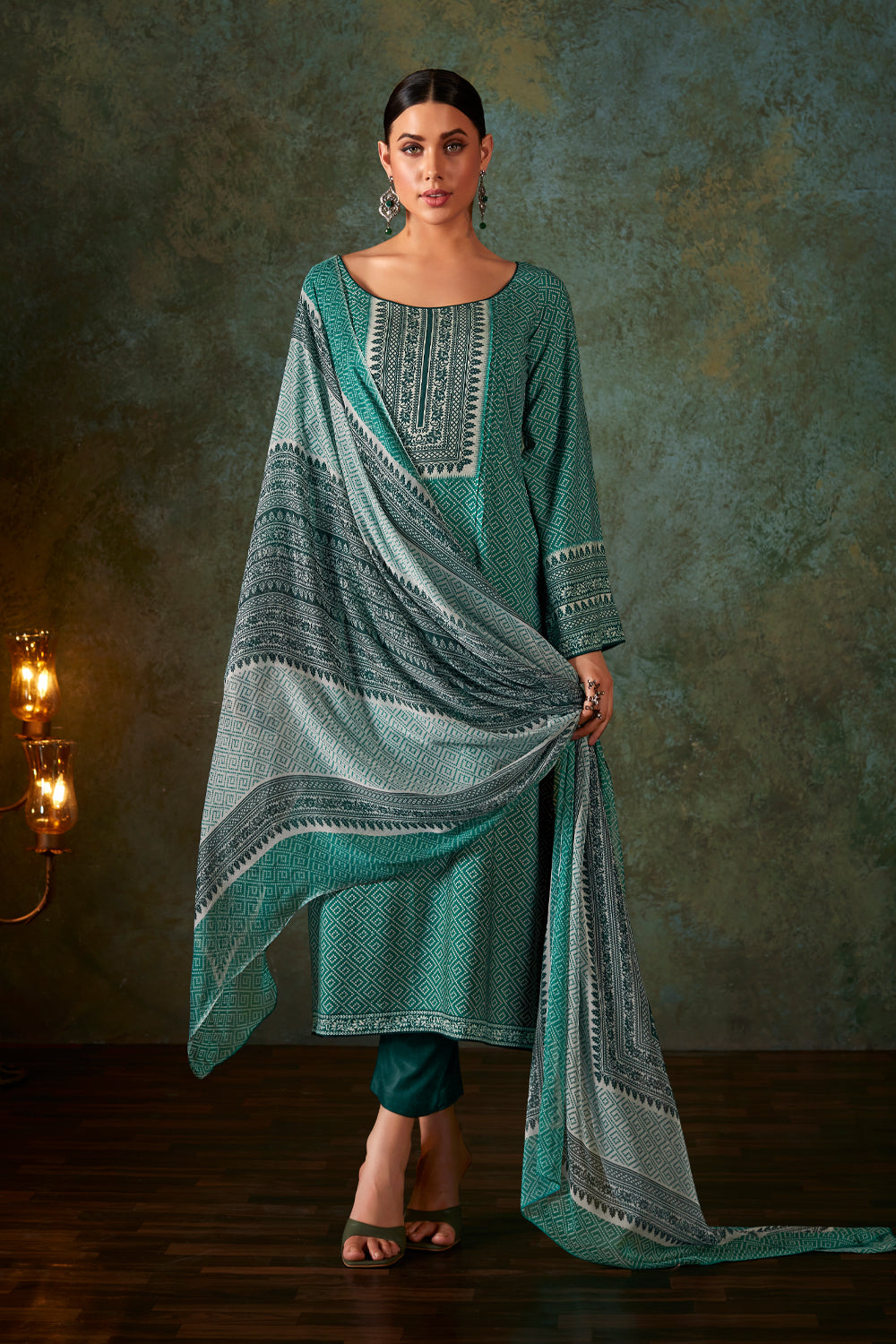 Teal Colour Cotton Printed Unstitched Suit Fabric