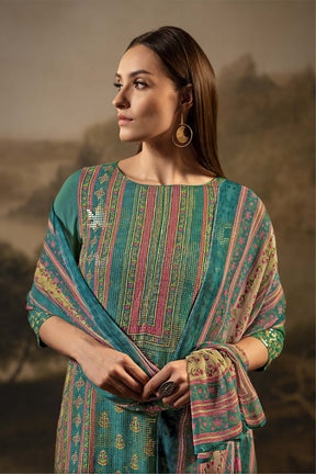 Teal Color Silk Embroidered Unstitched Suit Fabric