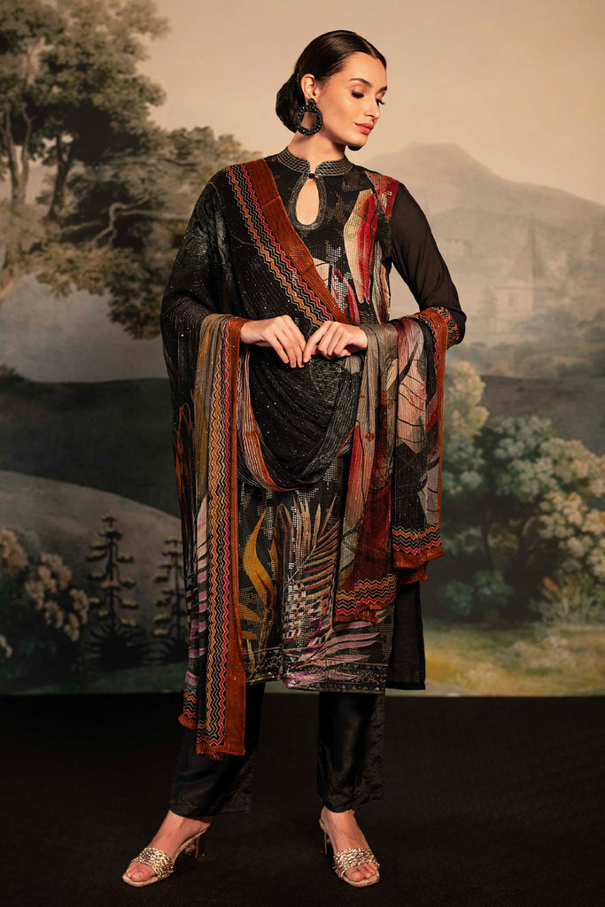 Black & Mustard Color Crepe Sequins Embroidered Unstitched Suit Material