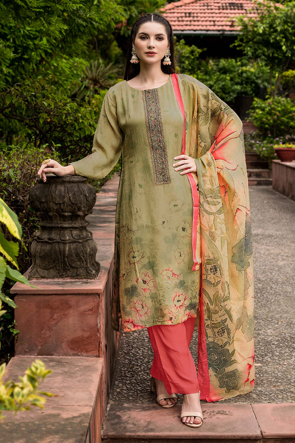 Pista Green Color Georgette Printed Unstitched Suit Material