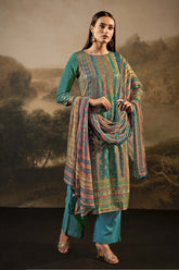 Teal Color Silk Embroidered Unstitched Suit Fabric