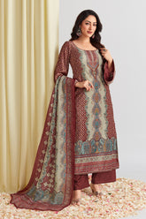 Maroon Color Printed Velvet Unstitched Suit Material