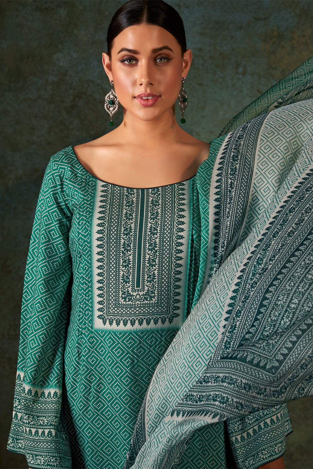 Teal Colour Cotton Printed Unstitched Suit Fabric