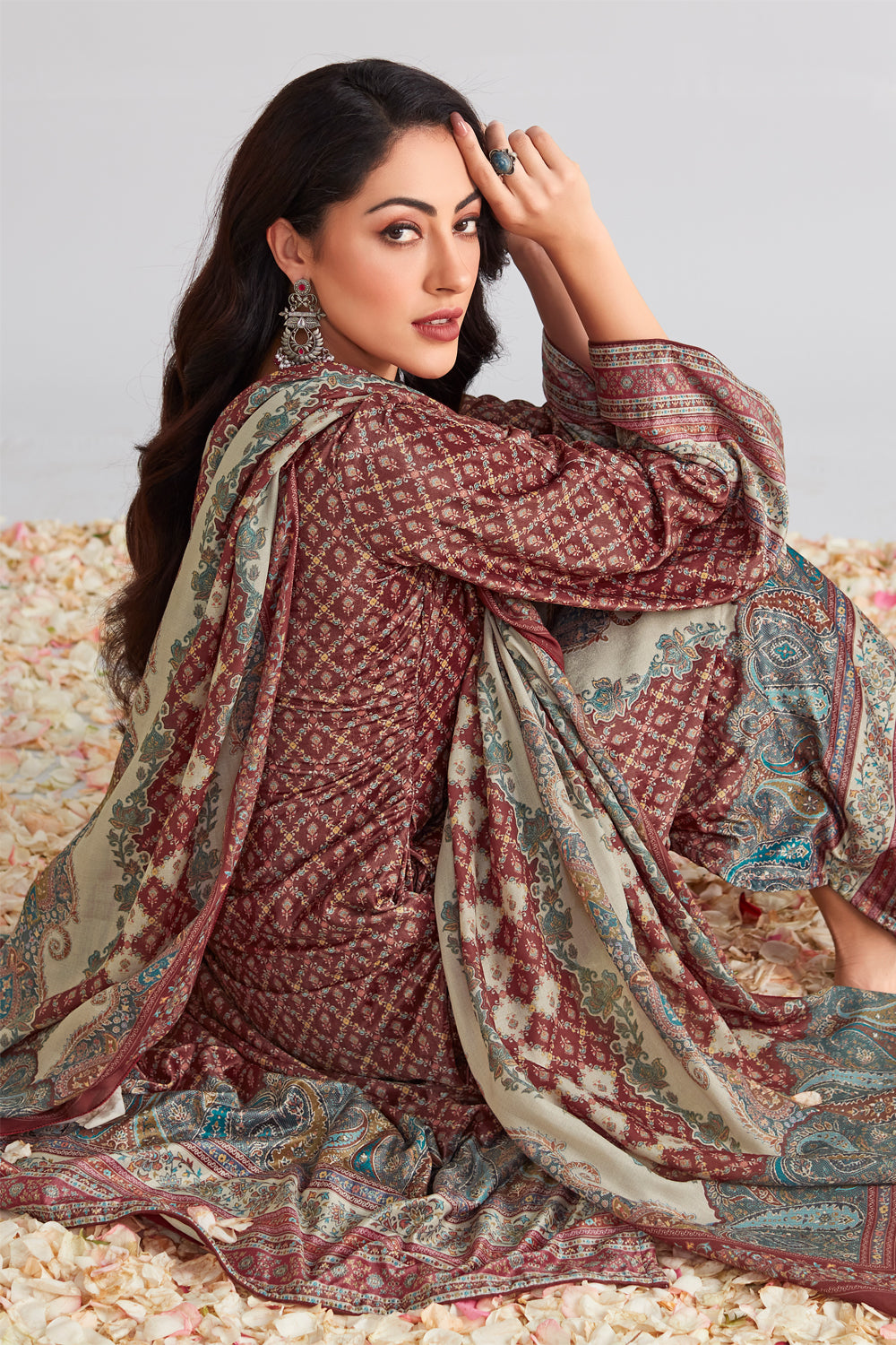 Maroon Color Printed Velvet Unstitched Suit Material