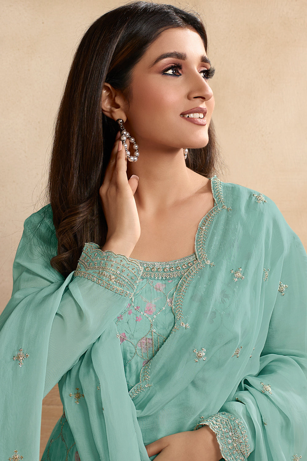 Mint Green Color Organza Embroidered Unstitched Suit Material