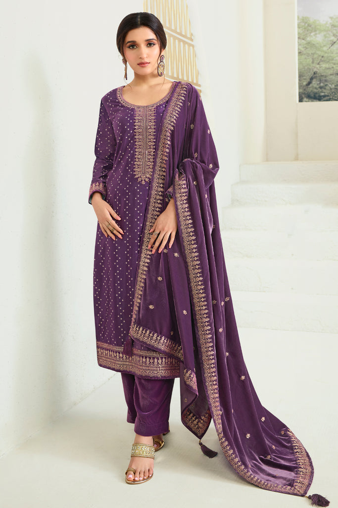 Dark Scarlet Color Velvet Embroidered Unstitched Suit Material