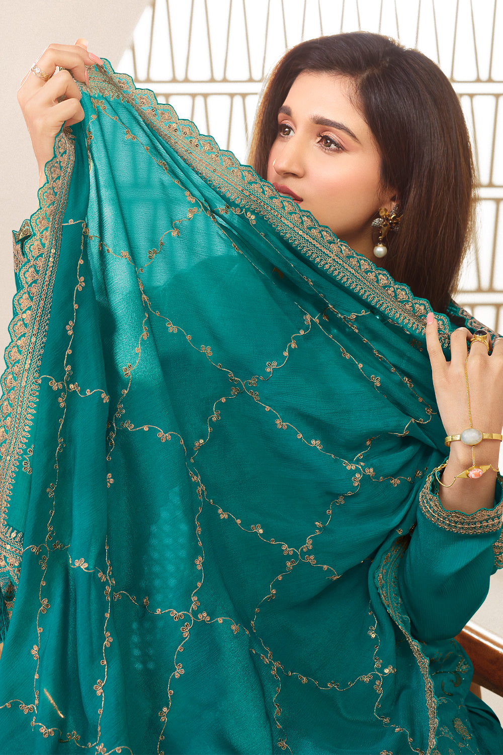 Teal Color Woven Crepe Unstitched Suit Material With Stitched Sharara