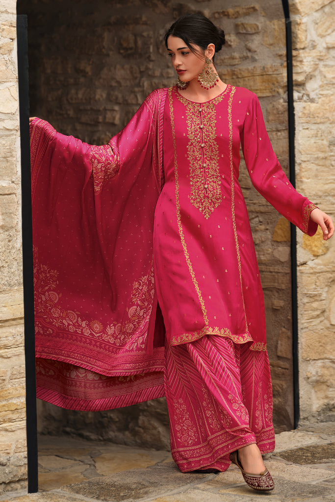 Fuchsia Pink Color Silk Zari Embroidered Unstitched Suit Material