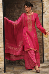 Fuchsia Pink Color Silk Zari Embroidered Unstitched Suit Material
