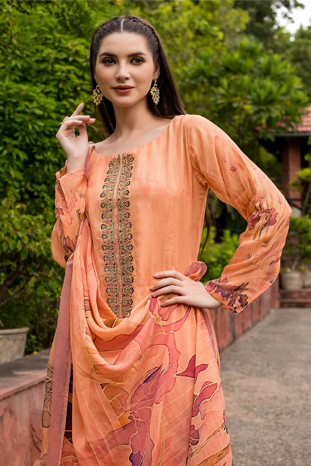 Peach Color Georgette Printed Unstitched Suit Material