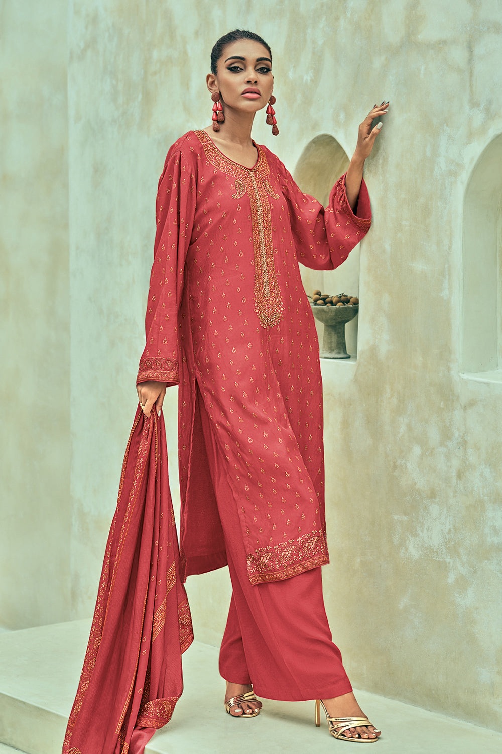 Maroon Color Printed Crepe Unstitched Suit Material