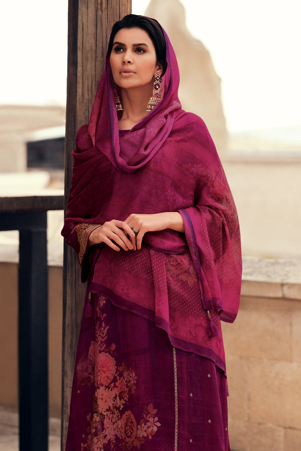 Purple Color woven Organza Unstitched Suit Material