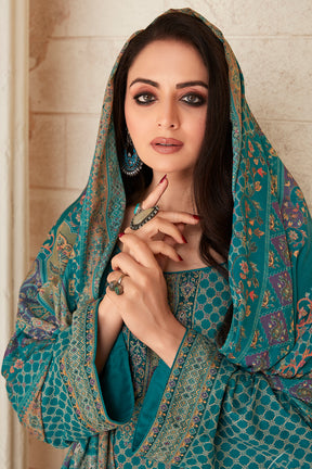 Teal Colour Pashmina Woven Unstitched Suit Material