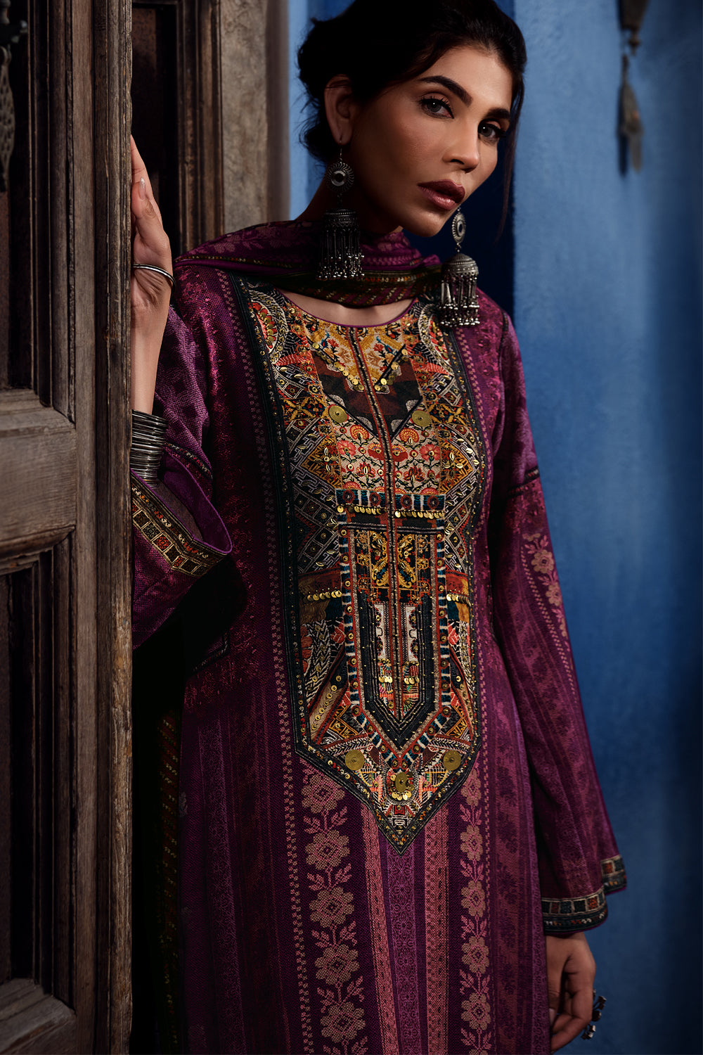 Dark Scarlet Color Printed Pashmina Unstitched Suit Material