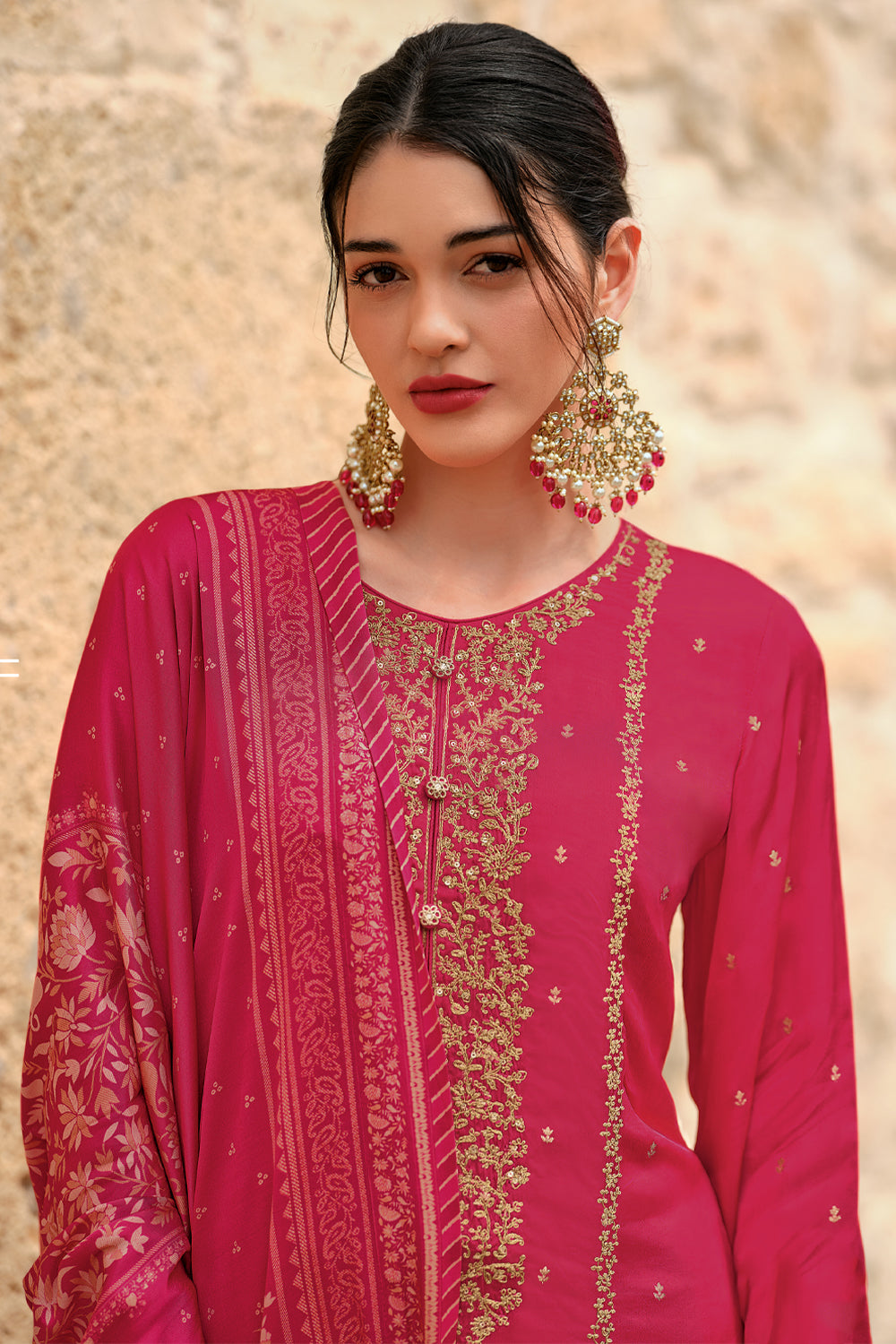 Fuchsia Pink Color Silk Zari Embroidered Unstitched Suit Material