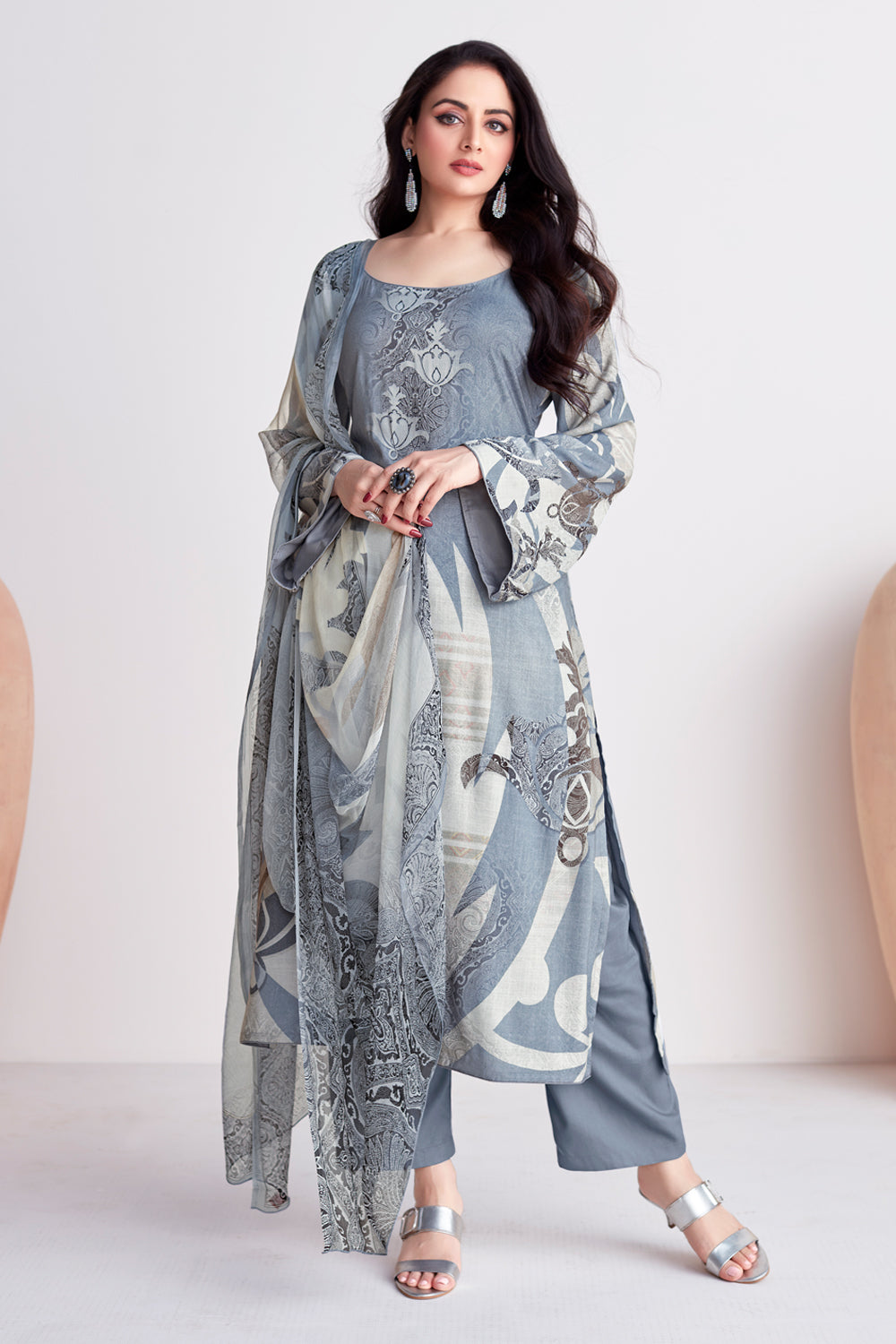 Grey Colour Printed Cotton Unstitched Suit Material