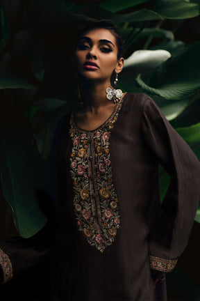 Brown Color Crepe Neck Embroidered Unstitched Suit Material