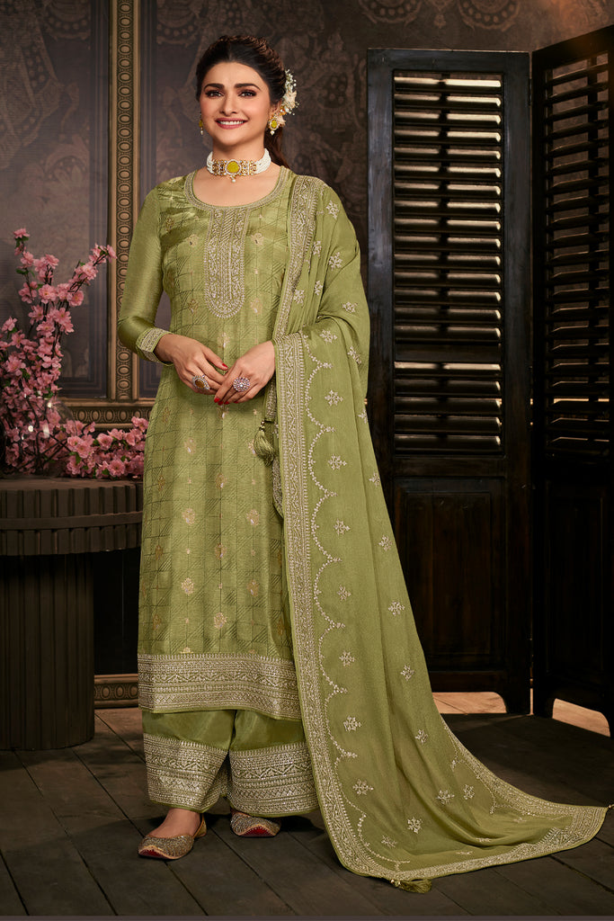 Green Color Silk Zari Embroidered Unstitched Suit Material
