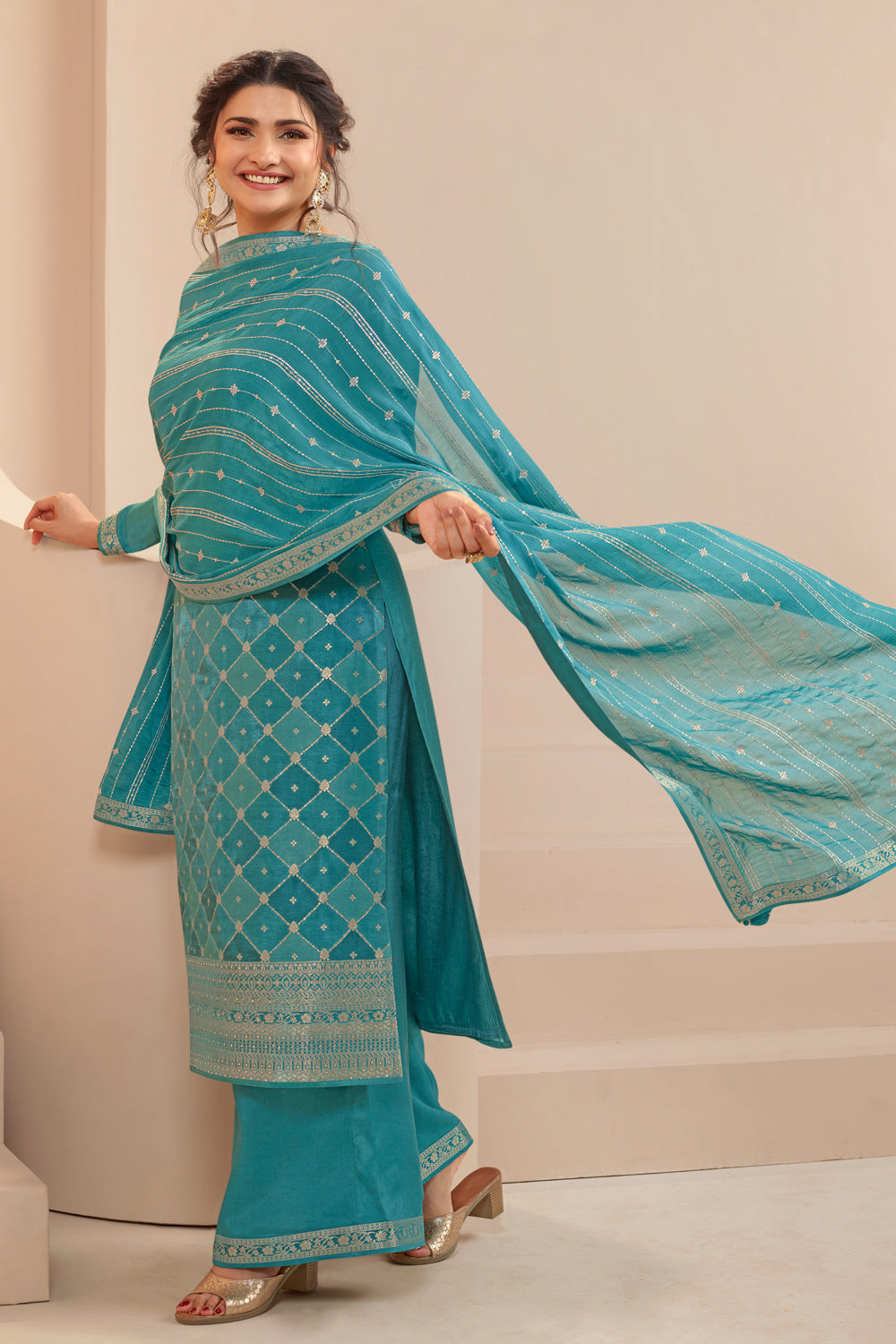 Teal Color Silk Woven Unstitched Suit Material