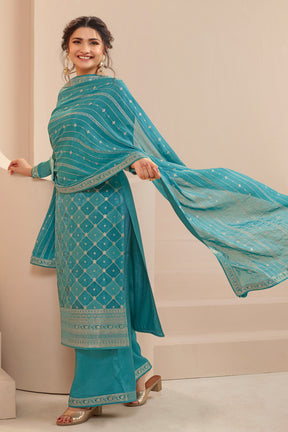 Teal Color Silk Woven Unstitched Suit Material