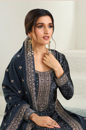 Grey Color Velvet Embroidered Unstitched Suit Material