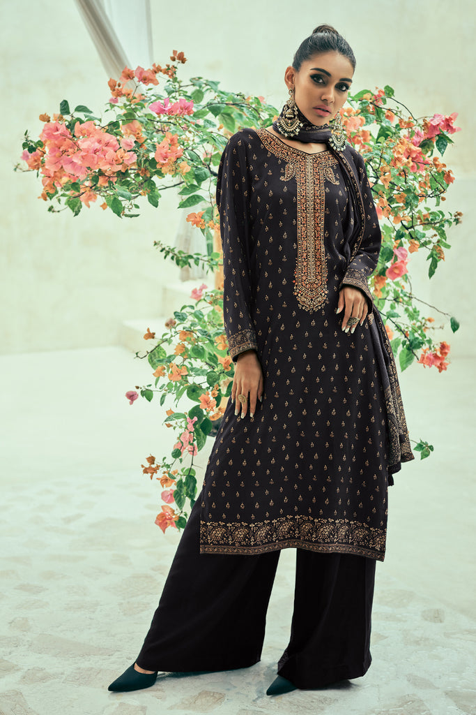 Black Color Printed Crepe Unstitched Suit Material