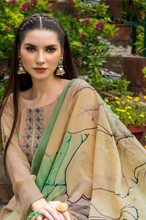 Beige & Green Color Georgette Printed Unstitched Suit Material