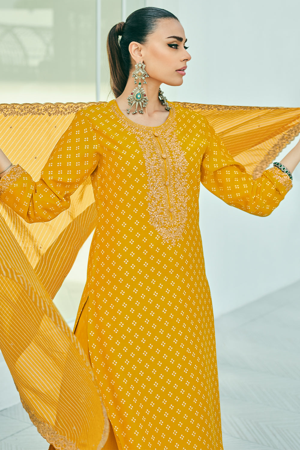 Mustard Color Printed Muslin Unstitched Suit Fabric